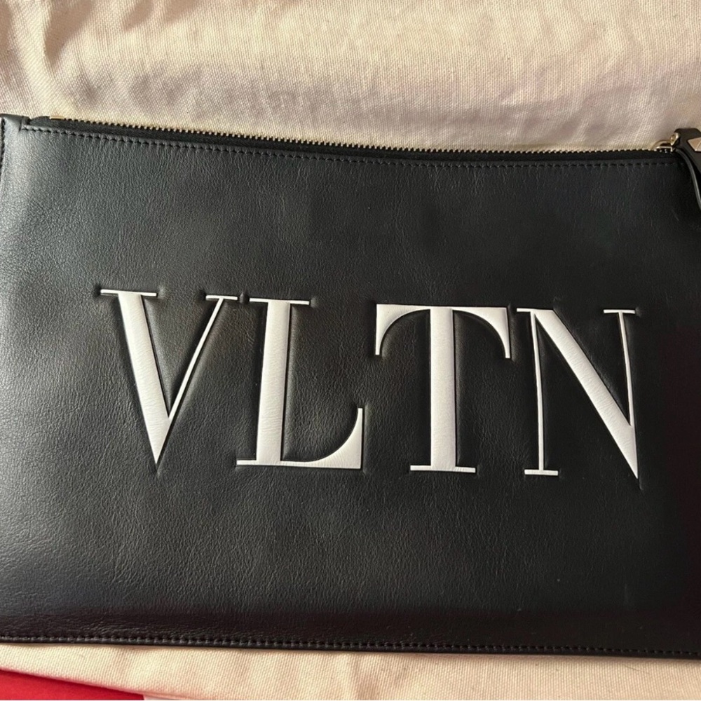 Valentino Garavani Black Leather Clutch with White Logo